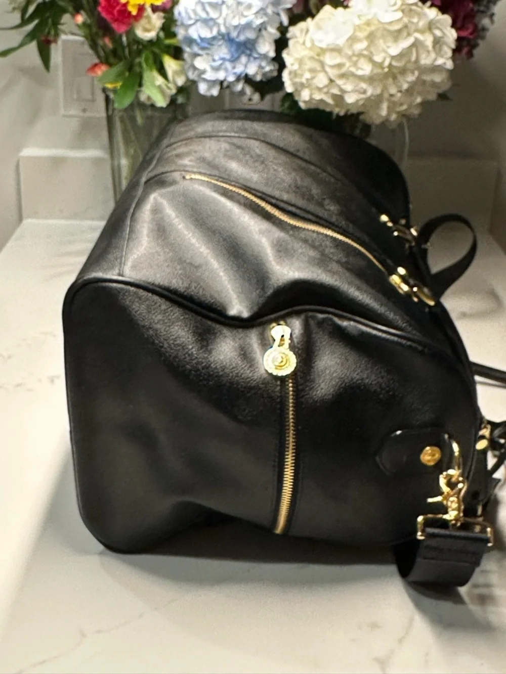Versace Unisex Black Leather Duffel with Gold Medallion